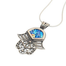 A 925 sterling silver Roman glass Hamsa pendant necklace with a silver chain and intricate filigree work.