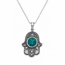 Front view of 925 sterling silver Hamsa necklace with authentic Eilat stone and filigree design