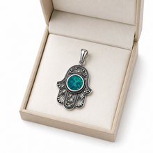 925 sterling silver Hamsa pendant with Eilat stone in open jewelry gift box, handmade Judaica jewelry