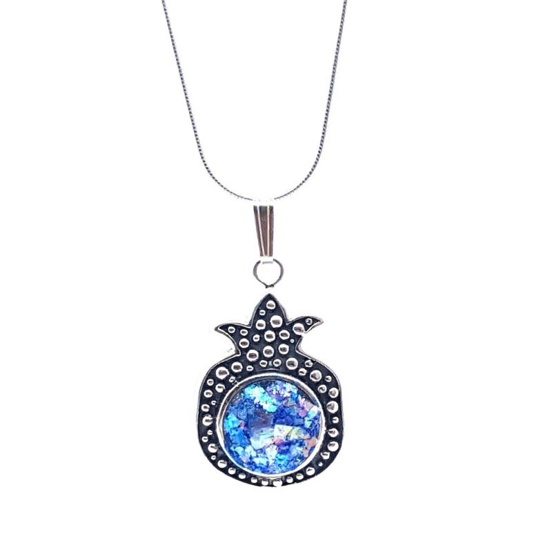 925 SIlver Pomegranate Judaica Pendant Necklace set with Roman Glass,Pomegranate Pendant Israel