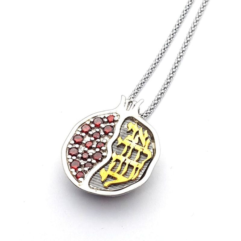 925 Silver 9k Gold Ani Le Dodi Pomegranate Pendant Necklace set With Garnets,Jewish Pendant