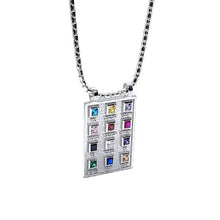 925 silver hoshen pendant with 12 colorful gems set in a geometric pattern, attached to a silver chain.