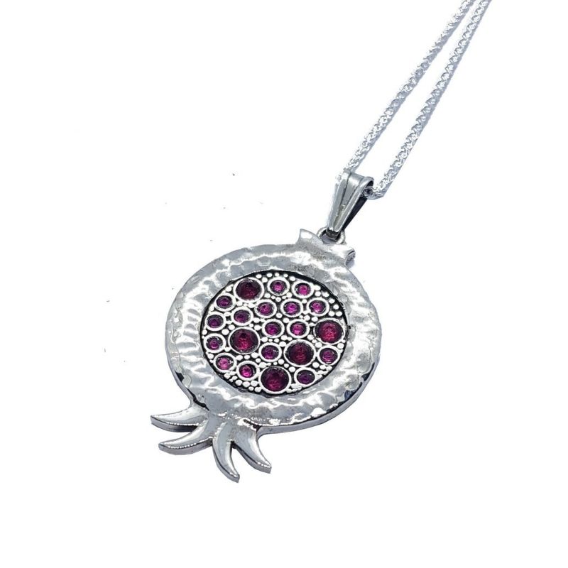 925 Silver Pomegranate Pendant Necklace set With Garnets& Rubi Stones ,Hammered Texture Jewish Pendant