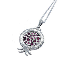 925 Silver Pomegranate Pendant Necklace set With Garnets& Rubi Stones ,Hammered Texture Jewish Pendant