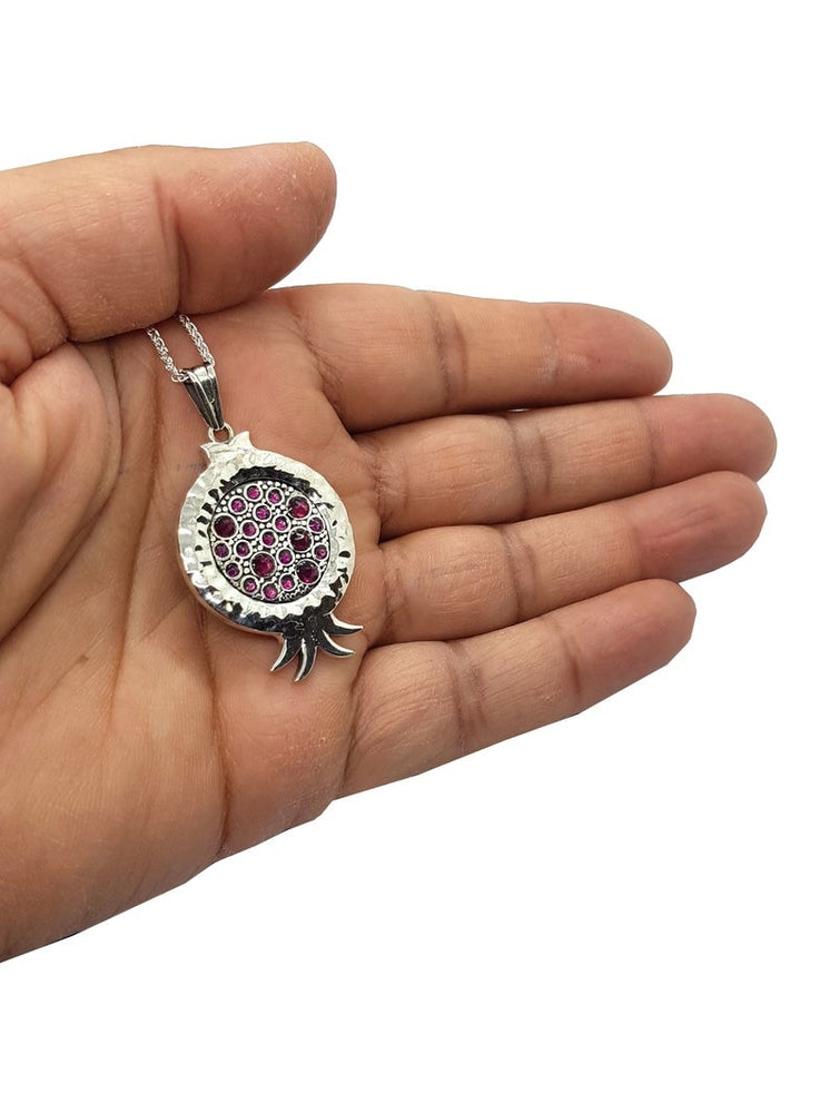 925 Silver Pomegranate Pendant Necklace set With Garnets& Rubi Stones ,Hammered Texture Jewish Pendant-in hand