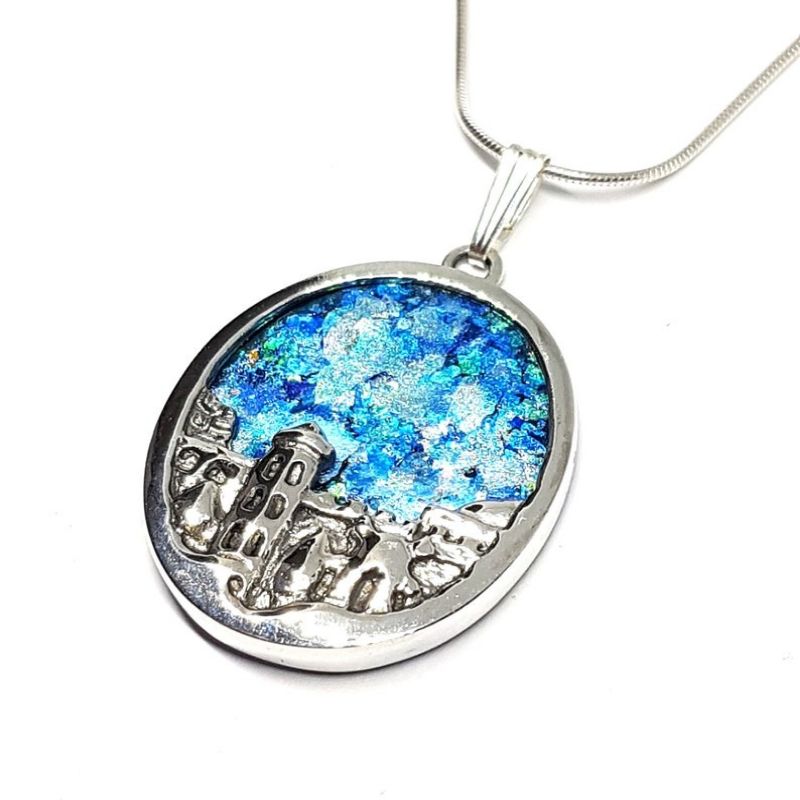 925 Silver Roman Glass Jerusalem Pendant Necklace 3D Jerusalem Pendant,Judaica Pendant