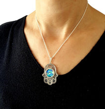 925 Sterling Silver Roman Glass Filigree Hamsa Pendant Necklace