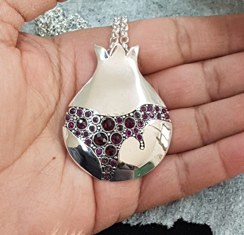 Big 925 Silver Pomegranate Pendant Garnets Stones-in hand