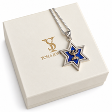 Silver Star of David pendant with blue enamel and gold Menorah on gift box