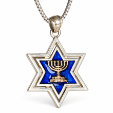 Sterling Silver Star of David Pendant with 9K Gold Menorah & Blue Enamel