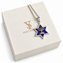 Silver Star of David pendant with blue enamel and 9K gold Menorah on נםס