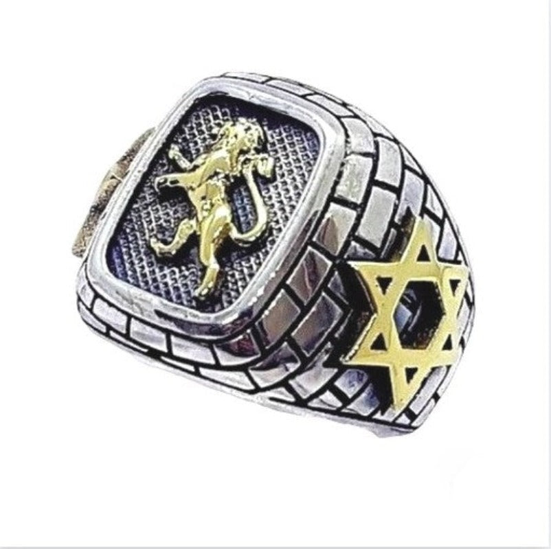 925 Silver Gold Lion Ring ,Star of David Ring ,Jewish Men's Ring,Lion of Judah Ring,Western Wall Jerusalem Ring,Lion Ring