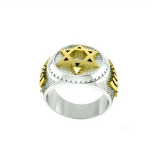 A men's star of david gold and silver ring featuring a Star of David and two menorahs on the sides.