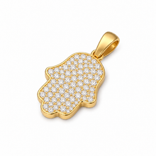 Polished 14K yellow gold Hamsa hand pendant with diamonds 