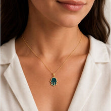 Hamsa necklace with Eilat stone worn by women 