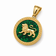 Gold pendant with a eilat  stone and lion emblem on a white background