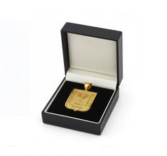 Gold Menorah pendant in a black jewelry box on a white background