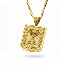 Gold pendant with Menorah design on a white background