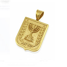 Gold pendant with Menorah design on a white background
