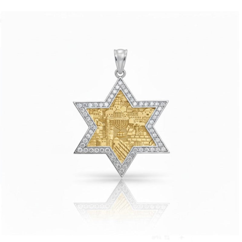 Solid Gold Jerusalem diamonds pendant Jewish Judaica Jewlery from Israel Yoels Jewelry 