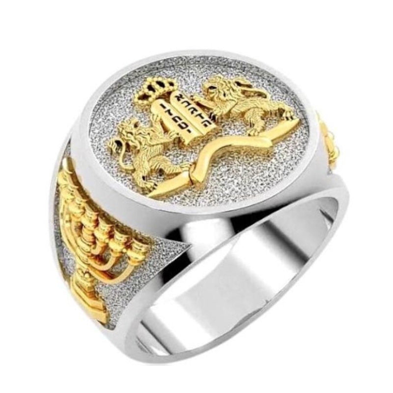 Gold Ten comandments mens lion ring
