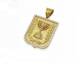 Gold pendant with Menorah design on a white background