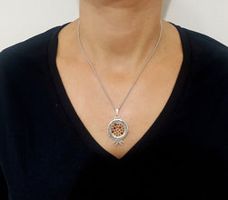 Gold & 925 Silver Pomegranate Pendant set With Garnets ,Hebrew Verse Pendant ,Jewish Pendant,Pomegranate Pendant