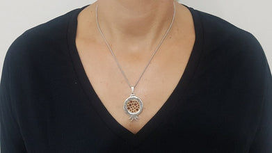 Gold & 925 Silver Pomegranate Pendant set With Garnets ,Hebrew Verse Pendant ,Jewish Pendant,Pomegranate Pendant