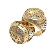 A 14k gold ring featuring a Star of David design with inset diamonds, and a separate Menorah design with additional Star of David motifs.