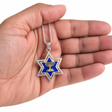 Sterling Silver Star of David Pendant with 9K Gold Menorah & Blue Enamel