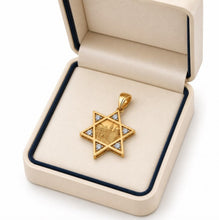Gold Star of David pendant with diamonds in a beige jewelry box