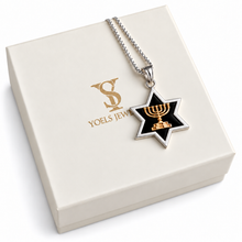 Silver Star of David pendant with black enamel and 9K gold Menorah on box