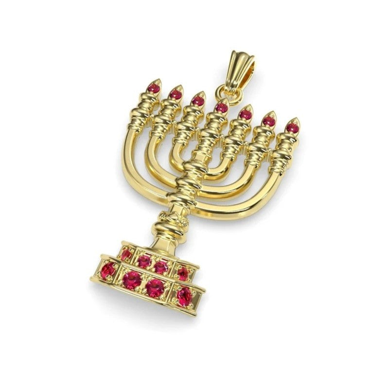 14K Gold Menorah Pendant With Rubi  Stones