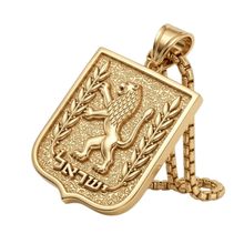 Polished gold ion of Judah pendant with olive branches, Hebrew Israel inscription and Star of David bail