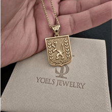 gold Lion of Judah pendant with chain held in a hand above a Yoels Jewelry suede pouch