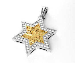 A 14k gold-colored six-pointed star of david pendant with intricate detailing and set with sparkling diamonds.