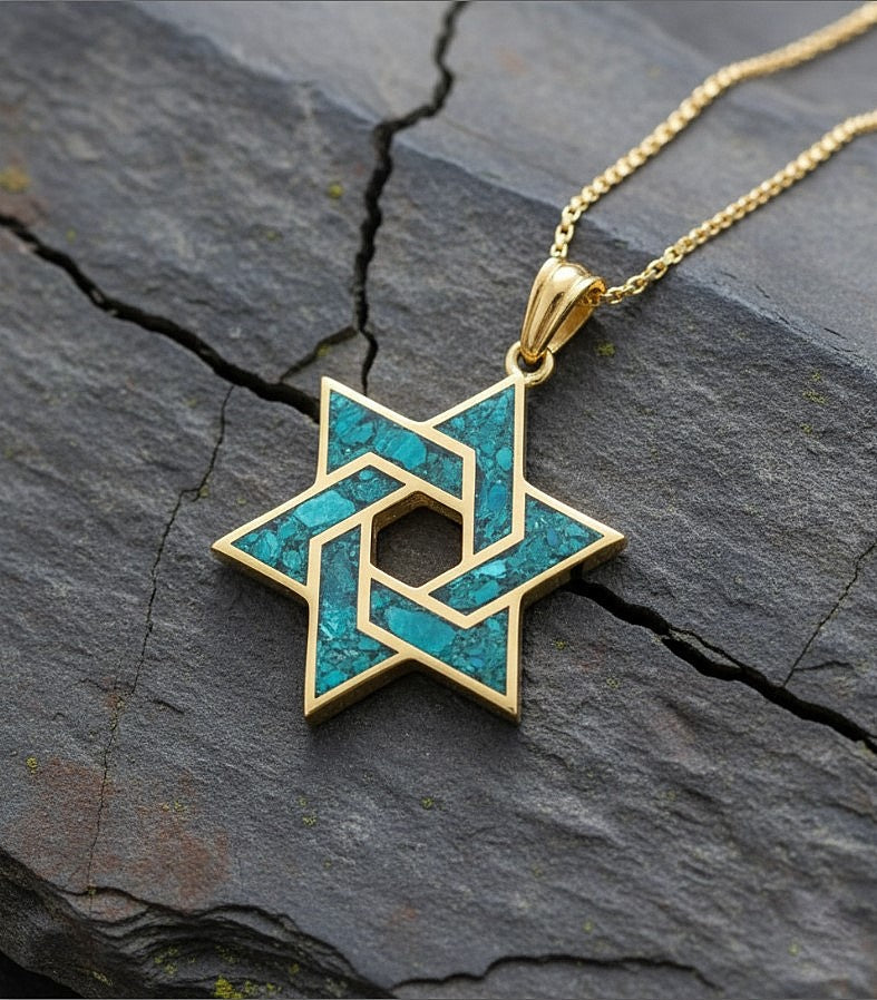 Gold eilat stone star of david judaica pendant 
