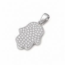 Polished 14K white gold Hamsa hand pendant with diamonds 