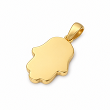 Polished 14K yellow gold Hamsa hand pendant with a smooth finish on a white background