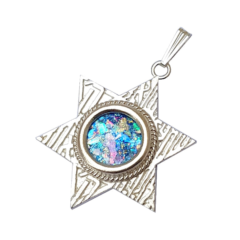 925 Silver Roman Glass Star of David Shema Israel Pendant