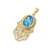14K Gold Roman Glass  hamsa pendant handmade in Israel