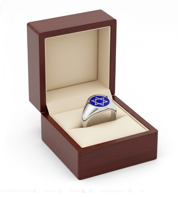 Silver ring with a blue star design in a wooden box