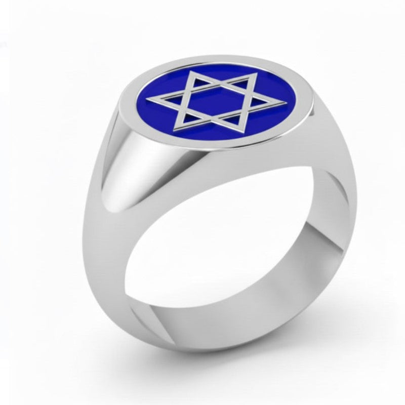 Silver blue enamel star of david ring for men 