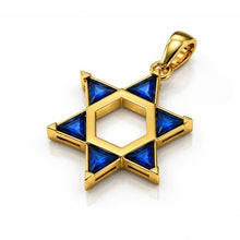Close Up 14K Gold Star of David Pendant with Blue Sapphire CZ Gemstones
