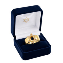 Gold Star of David ring in a blue velvet box with a white interior