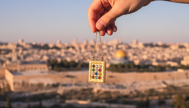 gold hoshen pendant on Jerusalem backround