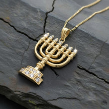 14K Gold Menorah Pendant With Sparkling Diamonds