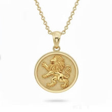 Gold necklace with a lion pendant on a white background