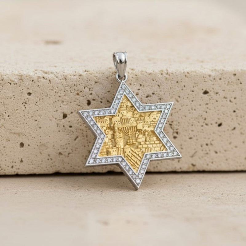 Solid Gold Jerusalem diamonds pendant Jewish Judaica Jewlery from Israel Yoels Jewelry 