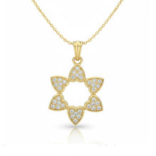 Gold necklace with a heart-shaped star of David pendant on a white background